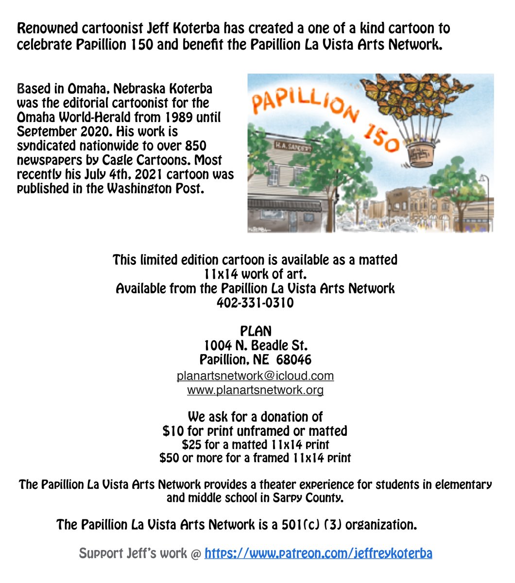 papillion150's tweet photo. Renowned Omaha cartoonist Jeff Koterba partnered with Papillion LaVista Arts Network to create a piece commemorating Papillion 150. If you would like your own copy of this work, see below for details. https://t.co/PZKSG9ofmZ