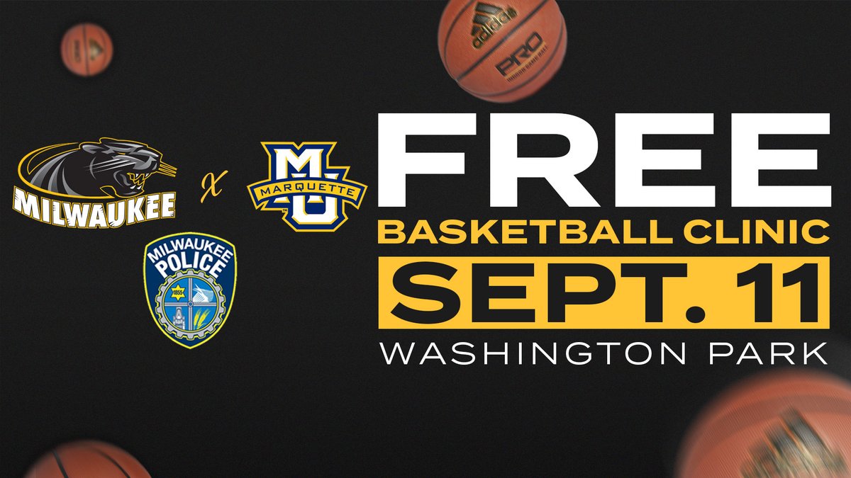 𝗙𝗥𝗘𝗘 🏀 𝗖𝗟𝗜𝗡𝗜𝗖! 

Join us, <a href="/MarquetteWBB/">Marquette WBB</a>, and <a href="/MilwaukeePolice/">Milwaukee Police</a> at Washington Park (1859 N. 40th Street) for a fun day of hoops! 

𝘎𝘳𝘢𝘥𝘦𝘴: 1st - 8th
𝘛𝘪𝘮𝘦: 10am - 12:30 pm (9am registration)
𝘊𝘰𝘯𝘵𝘢𝘤𝘵: devin.perez@marquette.edu for more info