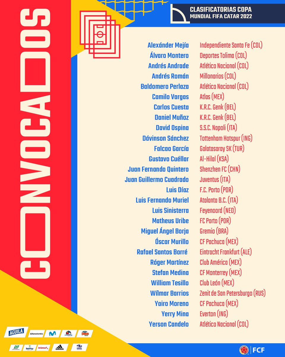 📝 Estos son los elegidos por @ReinaldoRuedaDT para la triple fecha de Clasificatorias a la Copa Mundial de la FIFA Catar 2022 🇶🇦

¡VAMOS MUCHACHOS!

#VamosColombia🇨🇴