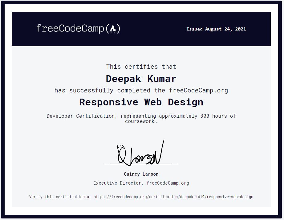 codingboydeepak's tweet image. I just earned the Responsive Web Design certification @freeCodeCamp! Check it out here: freecodecamp.org/certification/…
✌️✌️✌️
#CodeNewbie #100daysofcode #freeCodeCamp #code