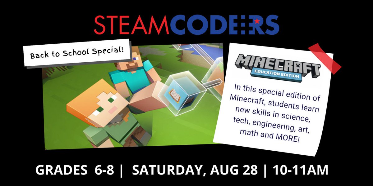 SteamCoders's tweet image. This free introductory workshop is perfect for students in grades 6-8. We'll build new skills science, technology, engineering, arts & math through creative game-based play. steamcoders.org/programs
#minecraft #100daysofcode #kidsforcoding #kindsinsteam #girlsinstem #boysinstem