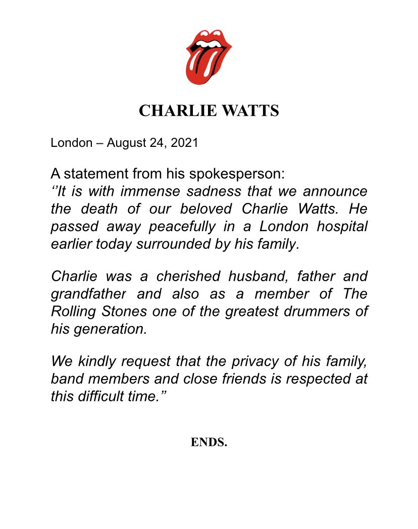 Variety's tweet image. Watts passed in a London hospital "surrounded by his family," his spokesperson said in a statement. "Charlie was a cherished husband, father and grandfather and also as a member of The Rolling Stones one of the greatest drummers of his generation." bit.ly/3mBChbc