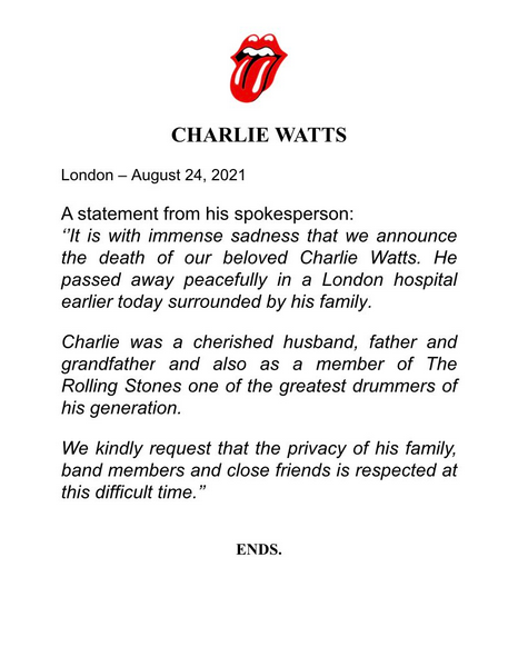 Metropoles's tweet photo. 💔 A banda Rolling Stones lamentou a morte de Watts nas redes sociais e postou comunicado de representante do baterista:

"Ele partiu em paz em um hospital de Londres hoje cedo, rodeado pela família". https://t.co/WfodKp07rq