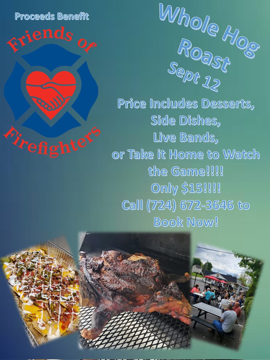 We're only a few weeks away from our #WholeHog Roast that benefits @friendsoffirefighters 

Only $15 for great Whole Hog BBQ, sides, dessert and Live Entertainment with the band  Detention! 

STaying in to watch the game? Do the Hog to go or get a Party Tray of Sliders or Nachos!