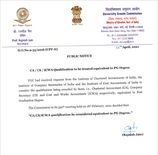 CAShriniwasJ's tweet photo. As per public notice by @ugc_india, CA qualification will be considered equivalent to Post Graduate Degree. This will enable Chartered Accountants to register for Ph.D. with any Indian university or work as professors after giving NET examination without an MCom Degree. https://t.co/EZ7wiYYFsC