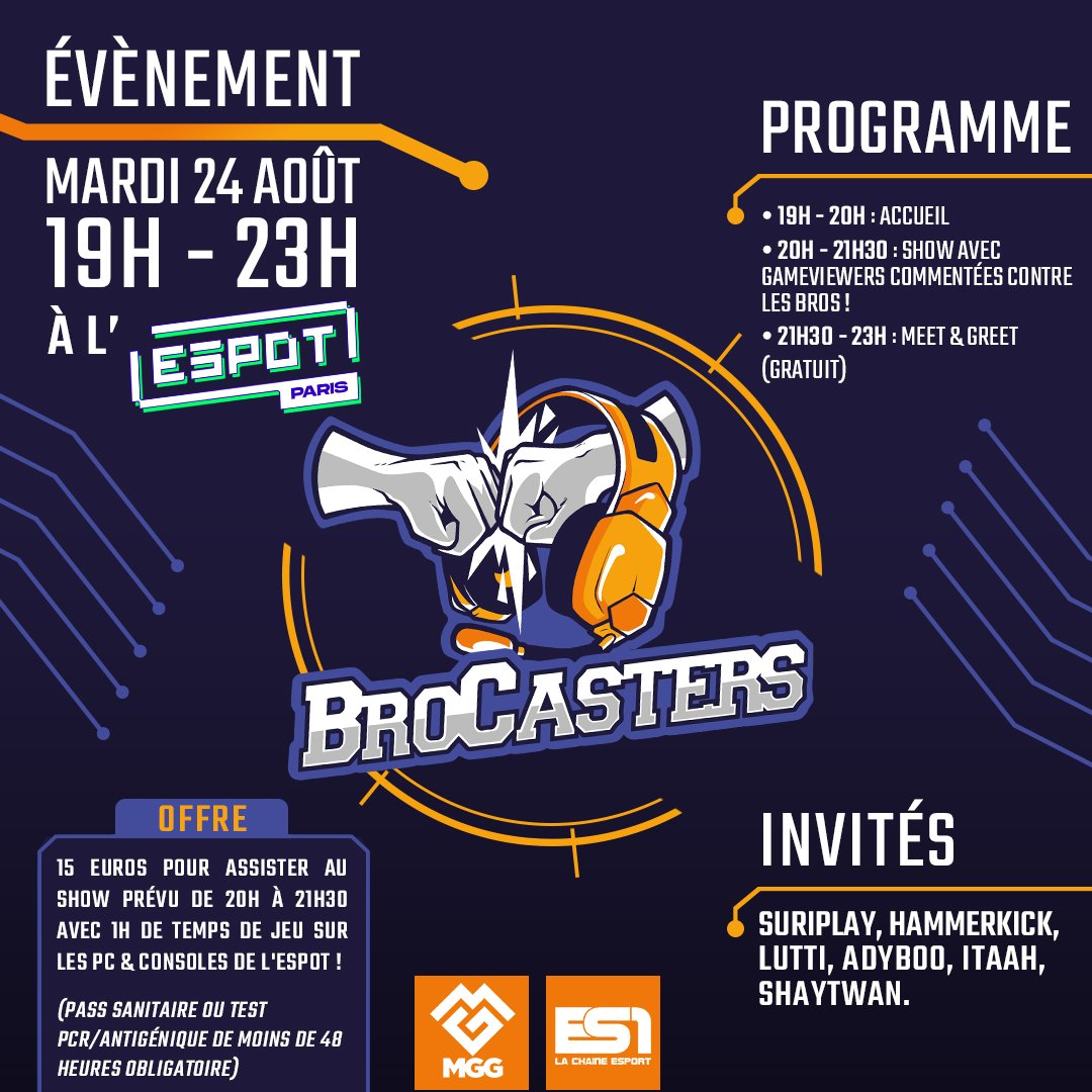 Voici les chaînes de ce soir pour retrouver les Brocasters à l'<a href="/espotparis/">ESpot</a> 🔥

> twitch.tv/suriplay <
> twitch.tv/hammerkick_ow <
> twitch.tv/itaah <
> twitch.tv/lutti <
> twitch.tv/shaytwan <
> twitch.tv/adyboo <
> twitch.tv/espot_tv <