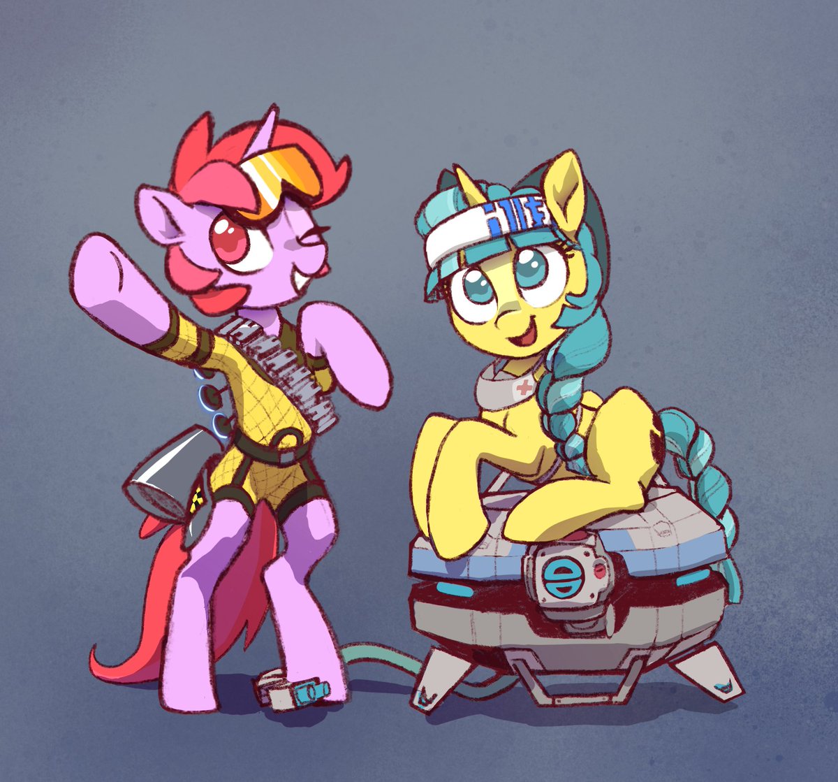 Surprise! <a href="/dawnf1re/">dawn🐸 follow me on bsky</a> got me to draw her and @monokuromatic‘s ponies as Apex Legends characters  at EFNW2021!🥰
