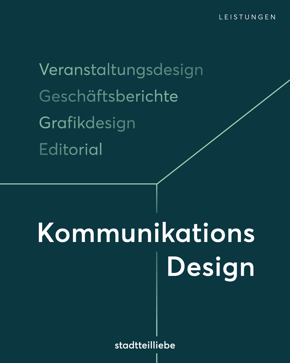 → Kommunikationsdesign.
Finden wir gemeinsam die richtigen Kommunikationsmittel für eure idividuellen Bedürfnisse.

Unsere Leistungen an euch:
#Grafikdesign
#Editorial 
#Geschäftsberichte
#Veranstaltungsdesign

→ Starte dein Projekt jetzt mit #stadtteilliebe! 🚀