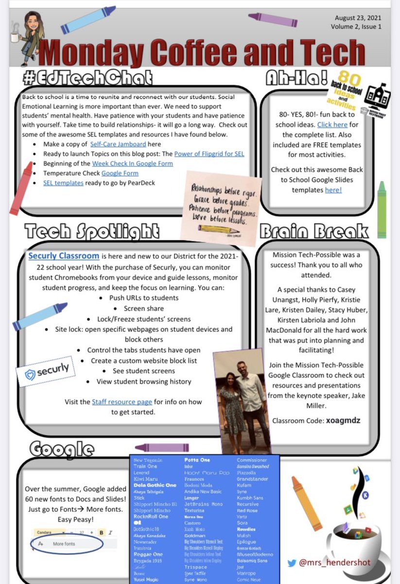 Mrs_Hendershot's tweet image. drive.google.com/file/d/1A1UgJB… And we are back. First issue of #CoffeeandTech is here. Enjoy! #TechTuesday #edtechchat #edtech #Google #GoogleEDU @Securly Who is in the pic with me?! @JakeMillerTech