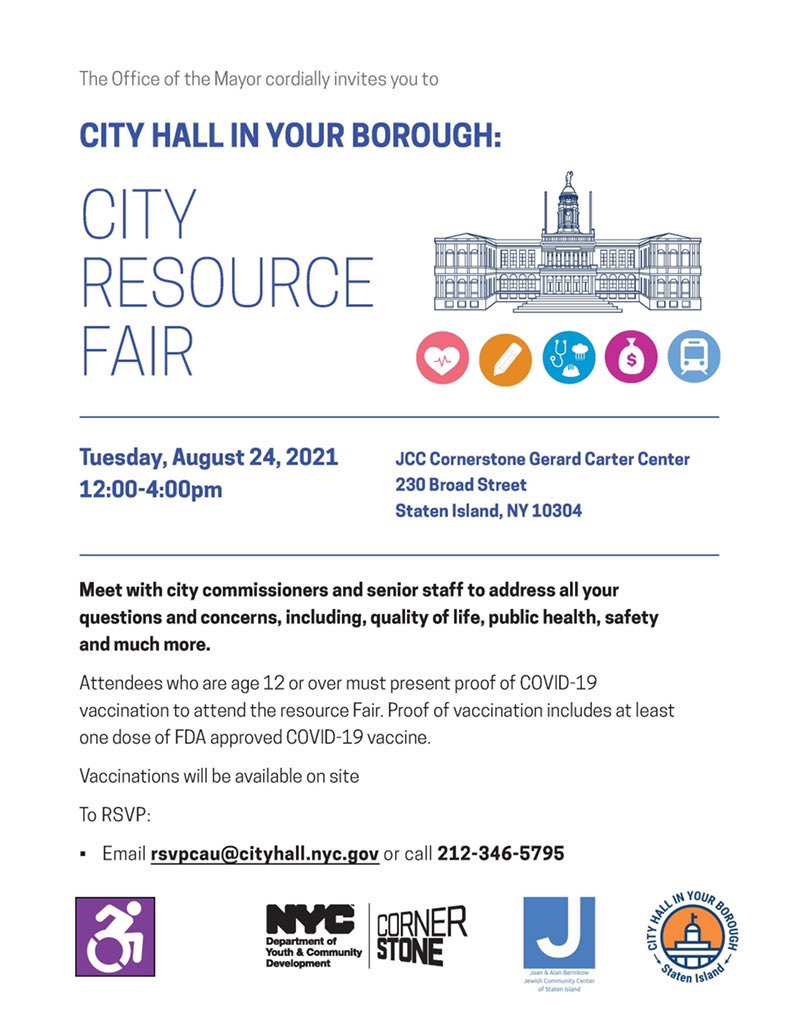 A flyer that says the resource fair is at JCC cornerstone Gerard carter center, 230 broad street, Staten Island NY, 10304. Proof of vaccination is required to attend.