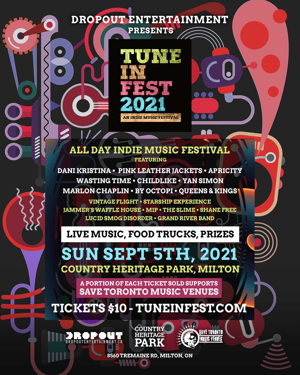 Tickets are still on sale for #TuneInFest at <a href="/CHeritagePark/">CountryHeritagePark</a> in #Milton Ontario, on September 5, 2021!!! Visit: tuneinfest.com for $10 tickets now. #musicfest #indiemusic #CanadianMusic #festival