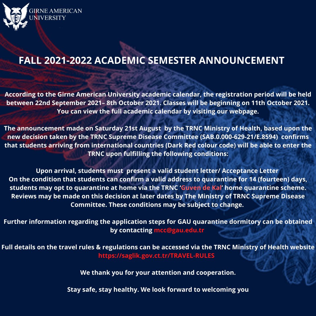 Mcc Fall 2022 Calendar Gau Admissions On Twitter: "📌 Attention!! Eagles 🦅  ************************ Fall 2021-2022 Academic Semester Announcement.  ************************ #Girneamerican🦅 #Gau35 #Girne #Cyprus  #Gauglobal🌍 #Gau #Kyrenia #Universityoftoday Https://T.co ...