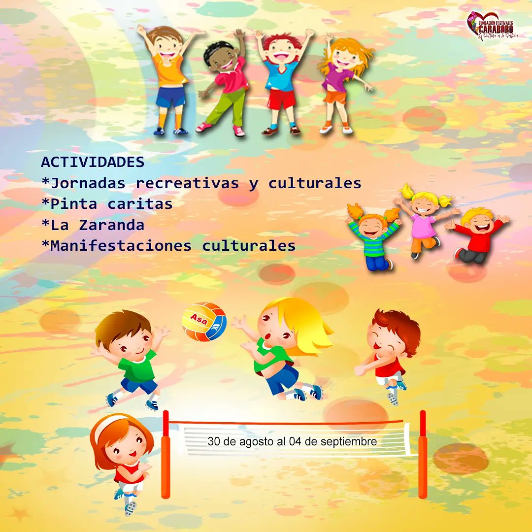 fundafescar's tweet photo. Desde Festivales de Carabobo invitamos a nuestro niños y niñas a participar en el Plan Vacacional "Carabobo Te Quiero" ❤️ Tercera Edición 🥳

Ven junto a nosotros a disfrutar de unas Vacaciones Felices 2021 🎊🎉

Desde el 30 de agosto al 04 de septiembre 🗓️

#CaraboboTeQuiero 💕 https://t.co/XkI465d6cG