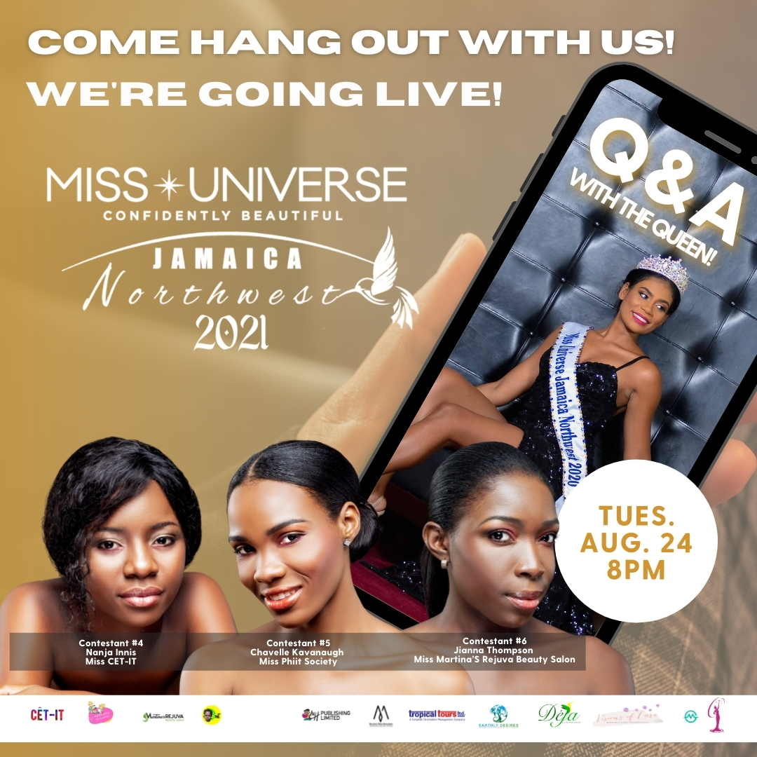 MissNorthwest's tweet photo. Join us tonight! We're going LIVE for a Q &amp; A with this year's finalists, hosted by Liniesha Davis, Miss Universe Jamaica 2020. Get to know Nanja, Chavelle, and Jianna more at 8 PM!!! https://t.co/gTRYdnK7h0