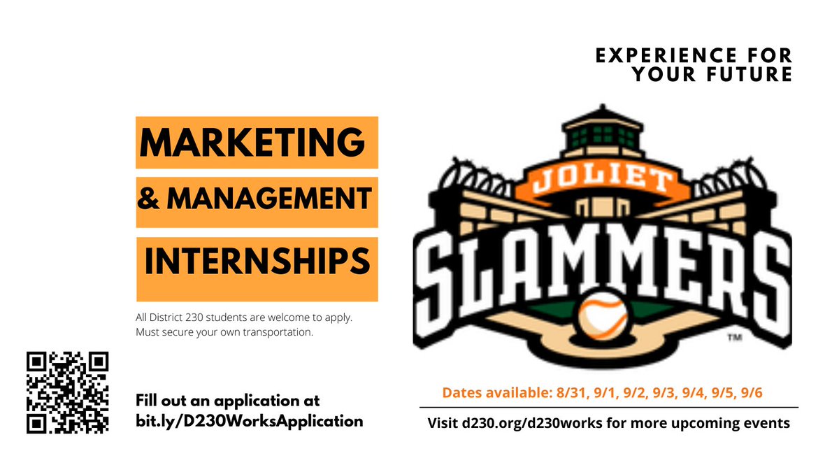 Did you know #D230Works offers internships with business partners? Check out this Marketing &amp; Management Internship that D230 students can apply for with the Joliet Slammers! 
Know a student interested in marketing? Share the details so they can have this great experience!