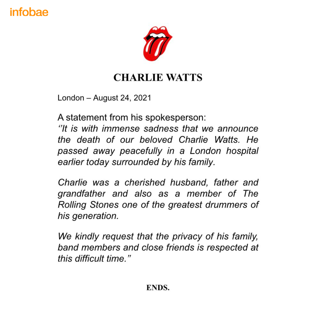 infobae's tweet photo. El comunicado de los Rolling Stones sobre la muerte de Charlie Watts https://t.co/dycdrjVhYx https://t.co/jnahVZRQLL