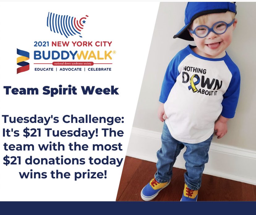 It’s time for our 2nd Spirit Week challenge! The NYC Buddy Walk® Team Captain whose team gets the most $21 donations by 11:59pm tonight will win a special NDSS prize!  $21 donations your team members receive today will also count towards your chances. give.ndss.org/2021NYCBW