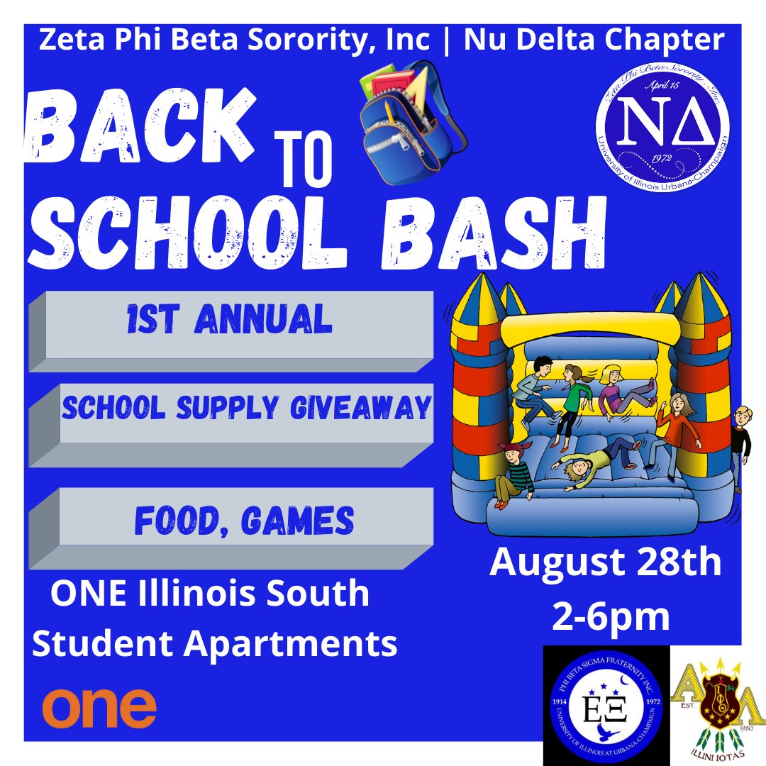 NuDelta_Zetas's tweet photo. Join the Nu Delta chapter of Zeta Phi Beta Sorority, Inc. for our first annual Back to School Bash this Saturday, August 28th from 2-6pm at One South Apartments. There will be a school supply giveaway, free food, games, and more! Hope to see you there! 💙🕊 https://t.co/qTZX1WTGwX