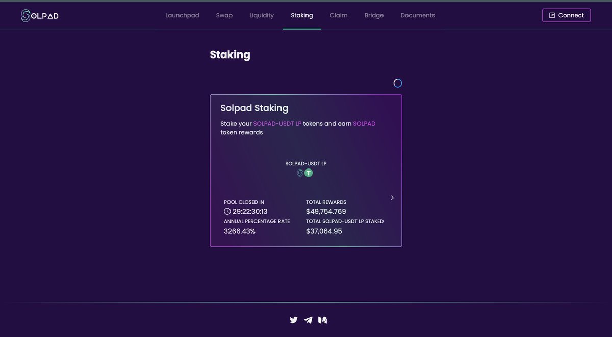SolPAD is happy to announce the first staking pool on SolPAD: 
🔸Stake SOLPAD - USDT LP earns SOLPAD
It’s time for SolPAD to thank the holders and liquidity providers that have stayed with us from day 1.
🔸solpad.finance/staking/
🏆Total pool reward: 10 million SolPAD in 30 days