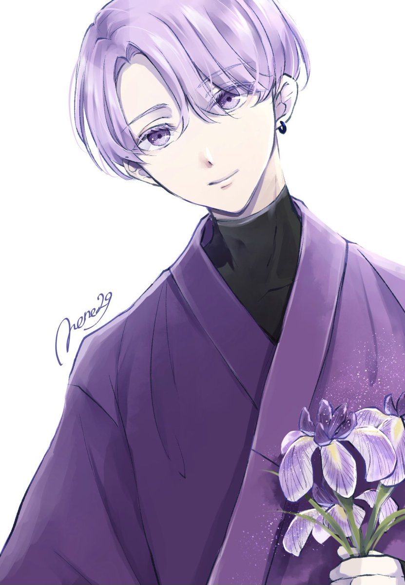 1boy male focus flower purple eyes solo earrings purple hair  illustration images