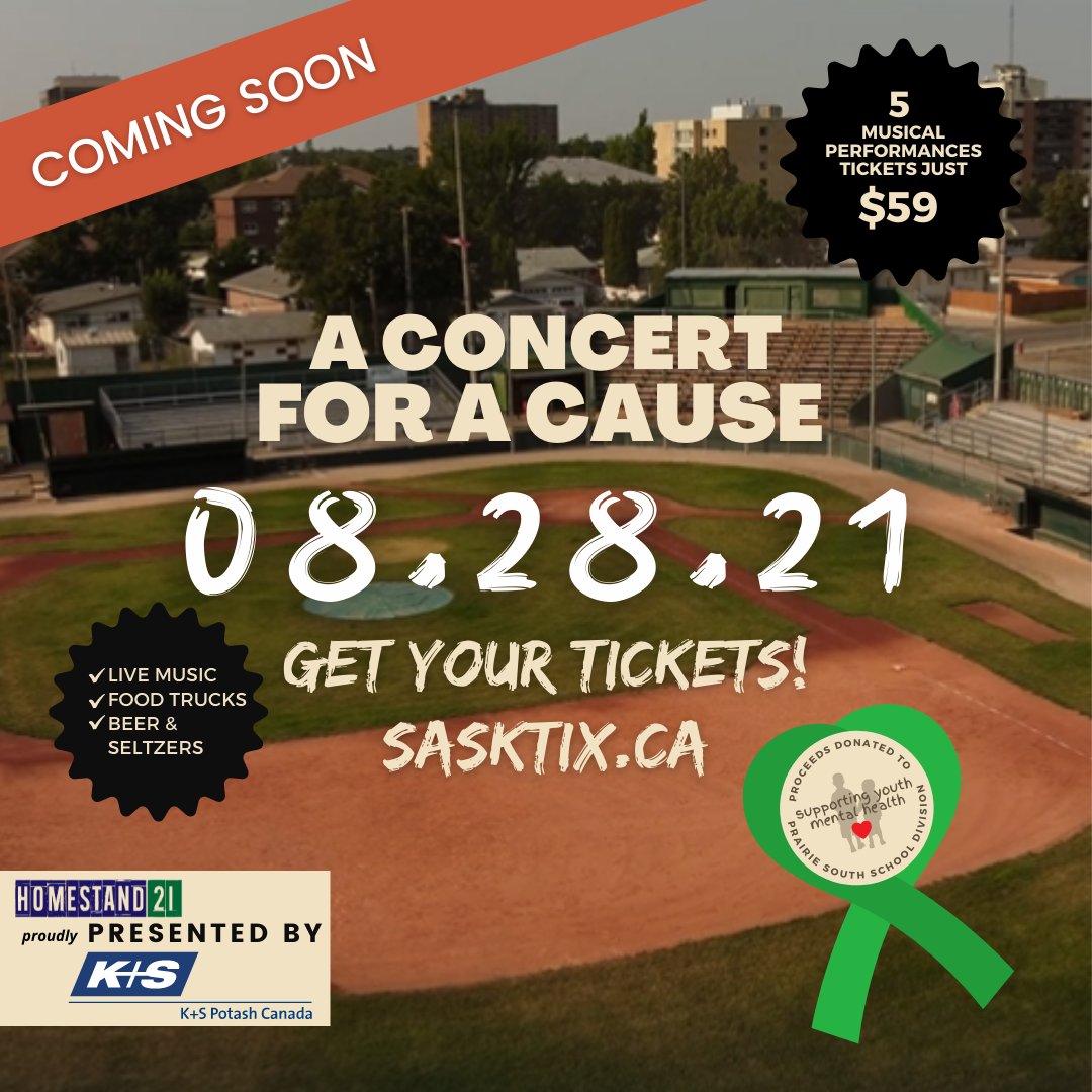 RiverStPromos's tweet image. There’s still time to buy your tickets for Homestand21! Proceeds from the concert will be donated to the Prairie South School Division in Moose Jaw and area to fund mental health and well-being initiatives for the students and staff. Buy your tickets today bit.ly/3kaU0DE