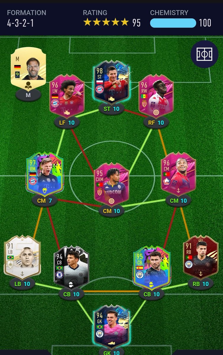 squarerooturmom's tweet photo. @sbc_tips Wouldn't exactly call it "end game" since I could've made a better team but this just feels right to me. Bayern players and even Renato Sanches who used to play for Bayern, Gelson who I've loved since Fifa 17 tots, and then everyone else just works well. https://t.co/6MyVhNYhpu
