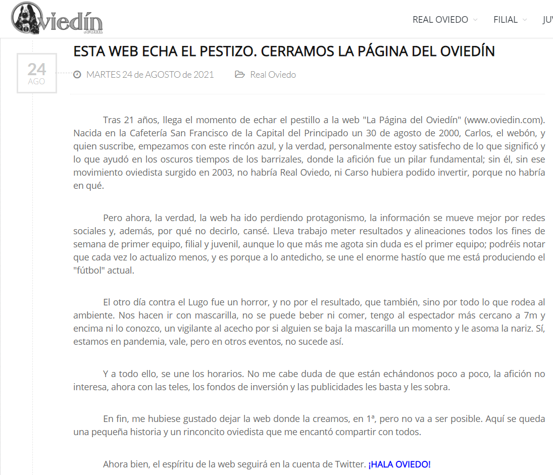 😔| La web de "La Página del Oviedín" (oviedin.com) echa el cierre.
