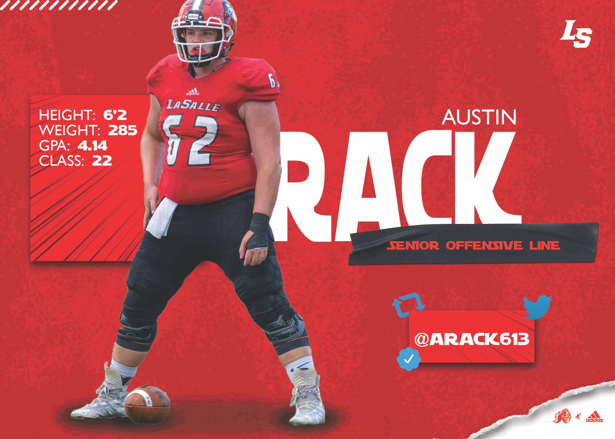 La Salle Football (@ls_lancerfb) on Twitter photo Senior Spotlight: Austin Rack
<a href="/arack613/">Austin Rack</a> is a 3 year starter & 2 ALL GCL performer. He has been the anchor of the OL since his Sophomore campaign. He is a silent leader that dominates on the field and in the classroom. College coaches should act fast! #LRD hudl.com/v/2EmuML Senior Spotlight: Austin Rack
<a href="/arack613/">Austin Rack</a> is a 3 year starter & 2 ALL GCL performer. He has been the anchor of the OL since his Sophomore campaign. He is a silent leader that dominates on the field and in the classroom. College coaches should act fast! #LRD hudl.com/v/2EmuML