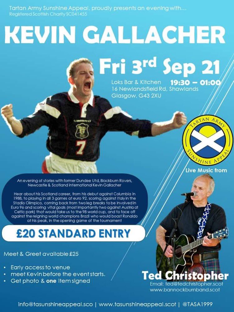 With squad announced, looking for a good pre-match party in Glasgow on Friday night with stories of Euro 92 & World Cup 98 from @ScotlandNT striker @kevingallacher8 and music from @ted_christopher. Prizes to be won on the night and money raised goes direct to future donations