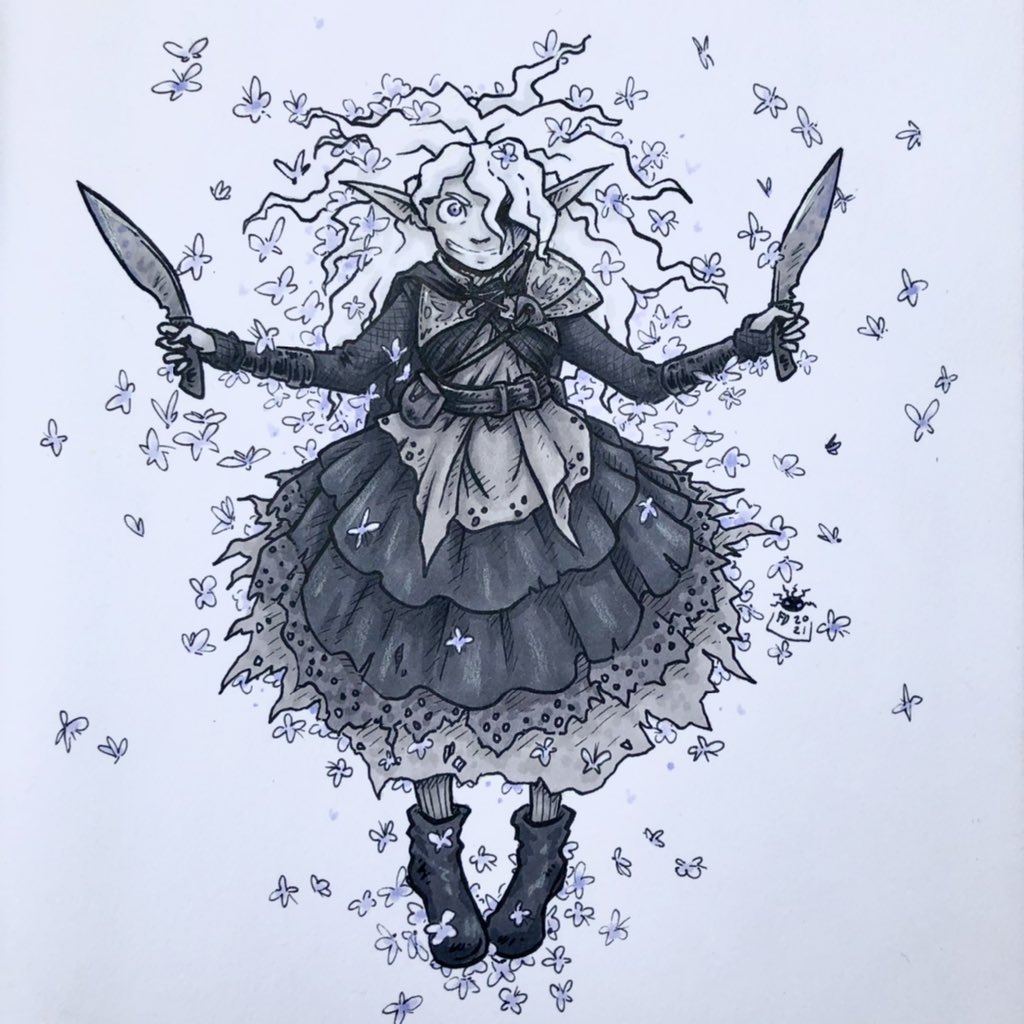 frandaredoodles's tweet photo. Day 18 of #drowgust is venom. Swarmkeeper ranger Nelda is known as the Winged Witch of Whitewood thanks to her tiny venomous butterfly friends carrying her through the trees to scare poachers.
#drowgust2021 #dungeonsanddragons https://t.co/vPu4EmjfAX