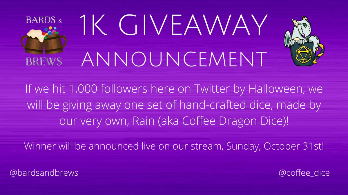 NamelessDomain's tweet photo. 1K #Giveaway!

We reached 500 followers, just 5 weeks after launching our account! To express our gratitude for the #ttrpgfamily, we are giving away 1 set of dice, hand-crafted by @coffee_dice!

To enter:
✅Like &amp; retweet this post
✅Follow us &amp; @coffee_dice
✅Tag a friend below! https://t.co/3E8cTXsHGI