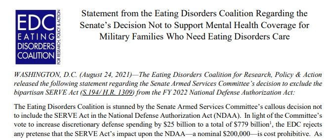 EDCoalition's tweet photo. As #NDAA negotiations continue, we have released a statement urging the @HASCDemocrats & @HASCRepublicans to take action on mental health coverage for military members and their families through the inclusion of the #SERVEAct (H.R. 1309). Read more here: https://t.co/z2z8ivf6gI https://t.co/QPlG1gTLEa