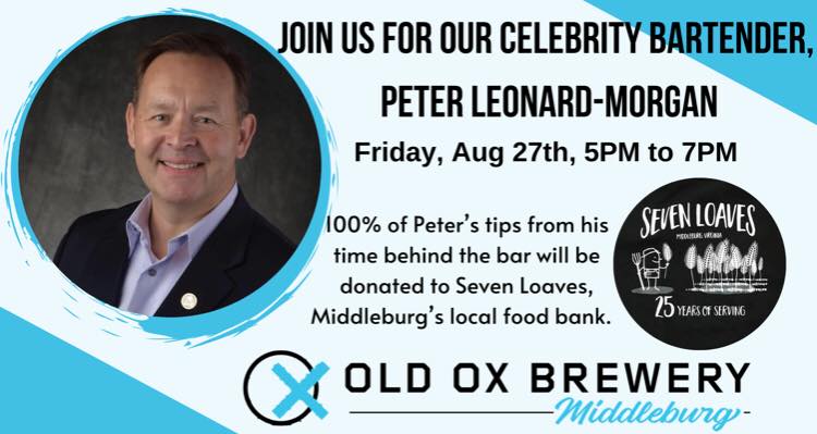 Reminder: Town Councilman Peter Leonard-Morgan will take his turn pouring the brews at <a href="/oldoxmiddleburg/">Old Ox Brewery Middleburg</a> on Friday, Aug. 27, from 5-7p. 100% of Peter’s tips will be donated to Seven Loaves, Middleburg’s food bank for 25+ years. Live music begins at 6p. 📷: Old Ox #middleburgva