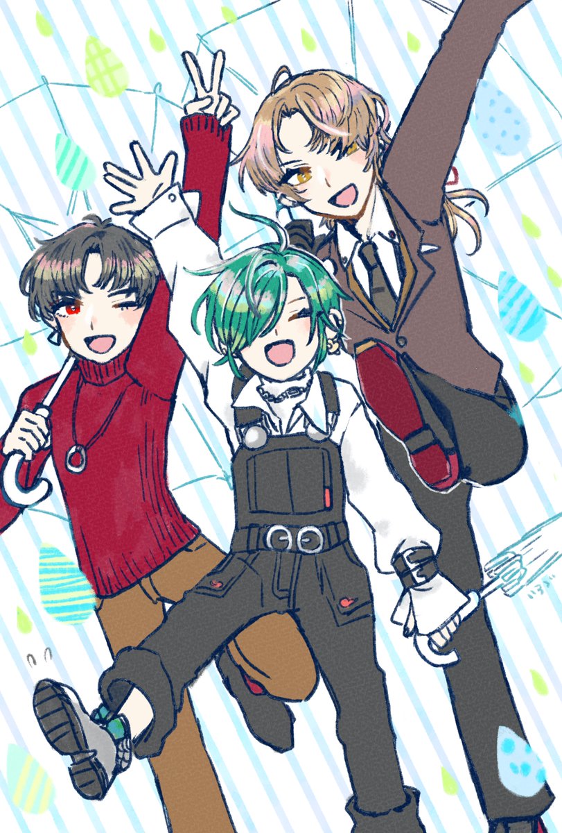 3boys multiple boys male focus umbrella red eyes one eye closed green hair  illustration images