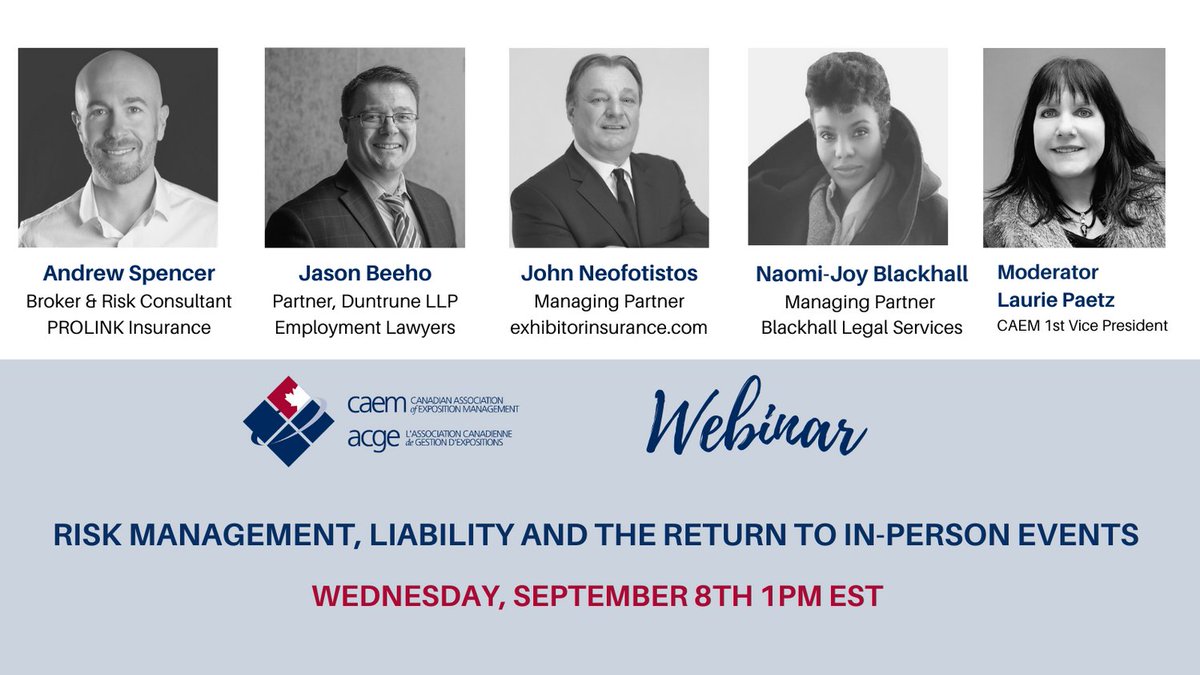 caemevents's tweet image. Join us on September 8th as we explore the very important and rapidly changing topic of Risk Management, Liability &amp;amp; the Return to In-Person Events.
More details here caem.ca/education/webi…
#caemevents