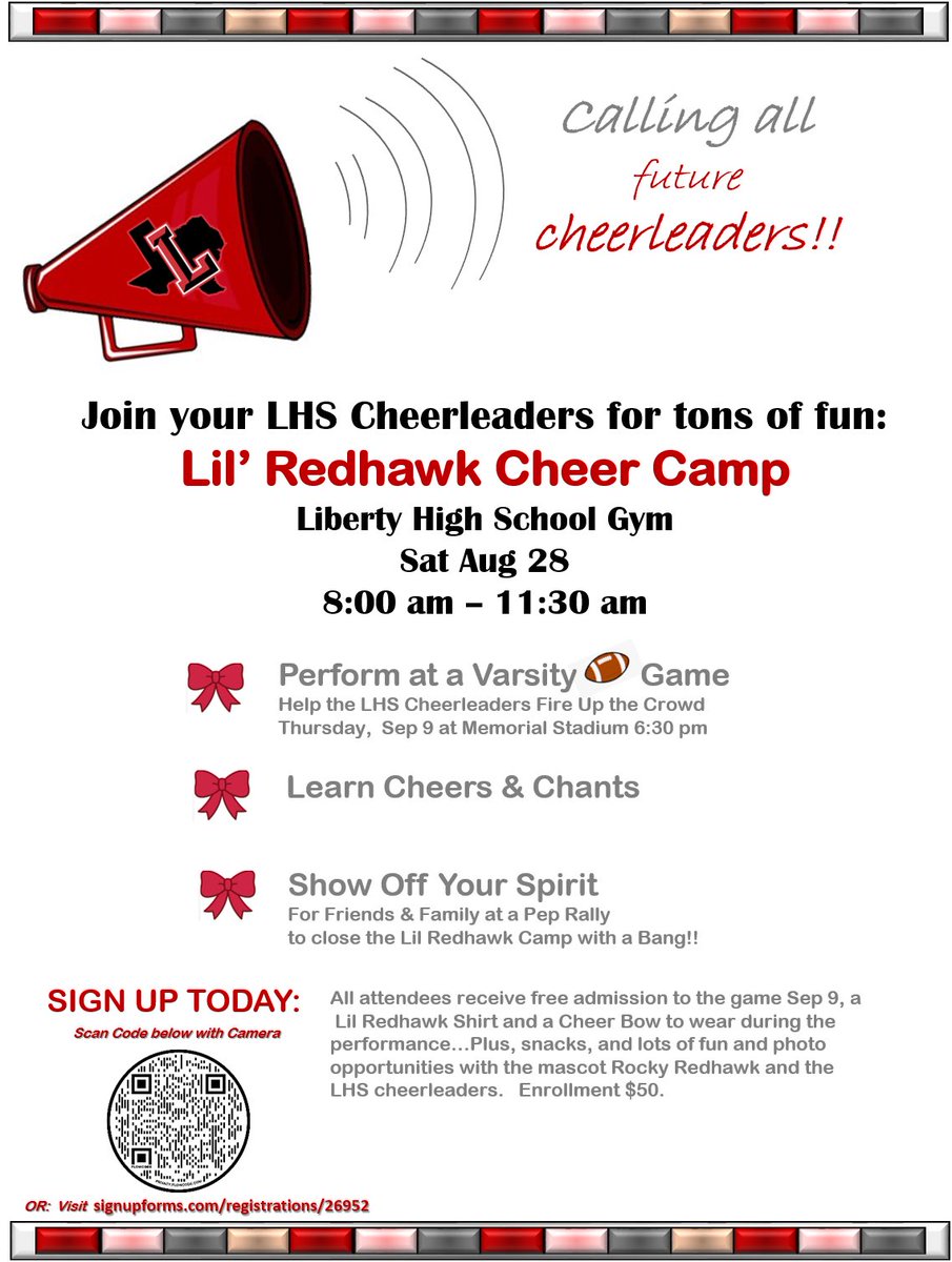 LHSRedhawks's tweet image. Lil’ Redhawk Camp @LHSRedhawks at LHS 8/28 8-11:30 am 📣 #RedhawkPride