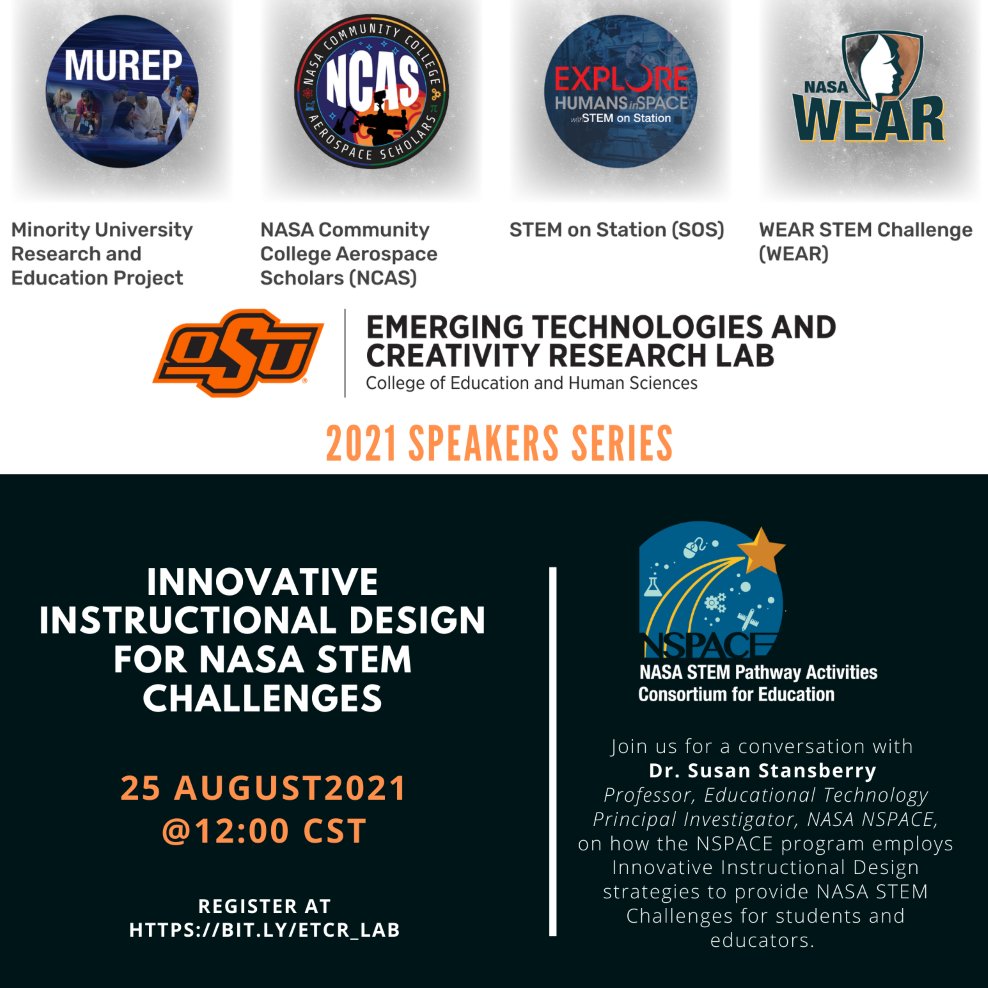 OkStateEMTSA's tweet photo. Emerging Technologies &amp; Creativity Research Lab 2021 Speakers Series 
Join us for a conversation with Dr. Susan Stansberry 

Wednesday 25th August 2021 @ 12:00 PM Central Time (US and Canada) (@okstate_etc) 

Register in advance for this webinar: https://t.co/VFoalBkLps https://t.co/aoUf3W2oSZ