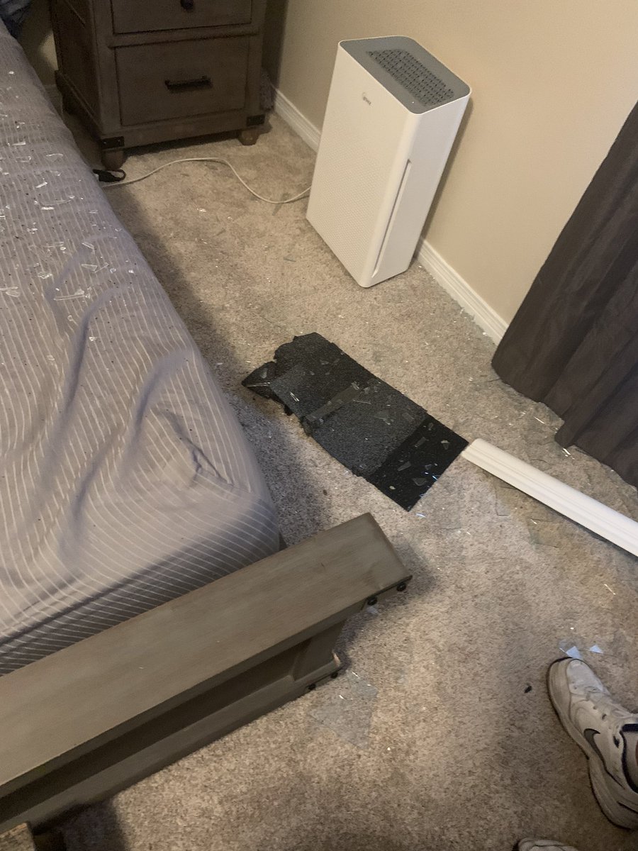 Lcarlson519's tweet photo. A twister came through and smashed shingles into my window…. Now we have to vacuum my grass https://t.co/AmlrU57mdh