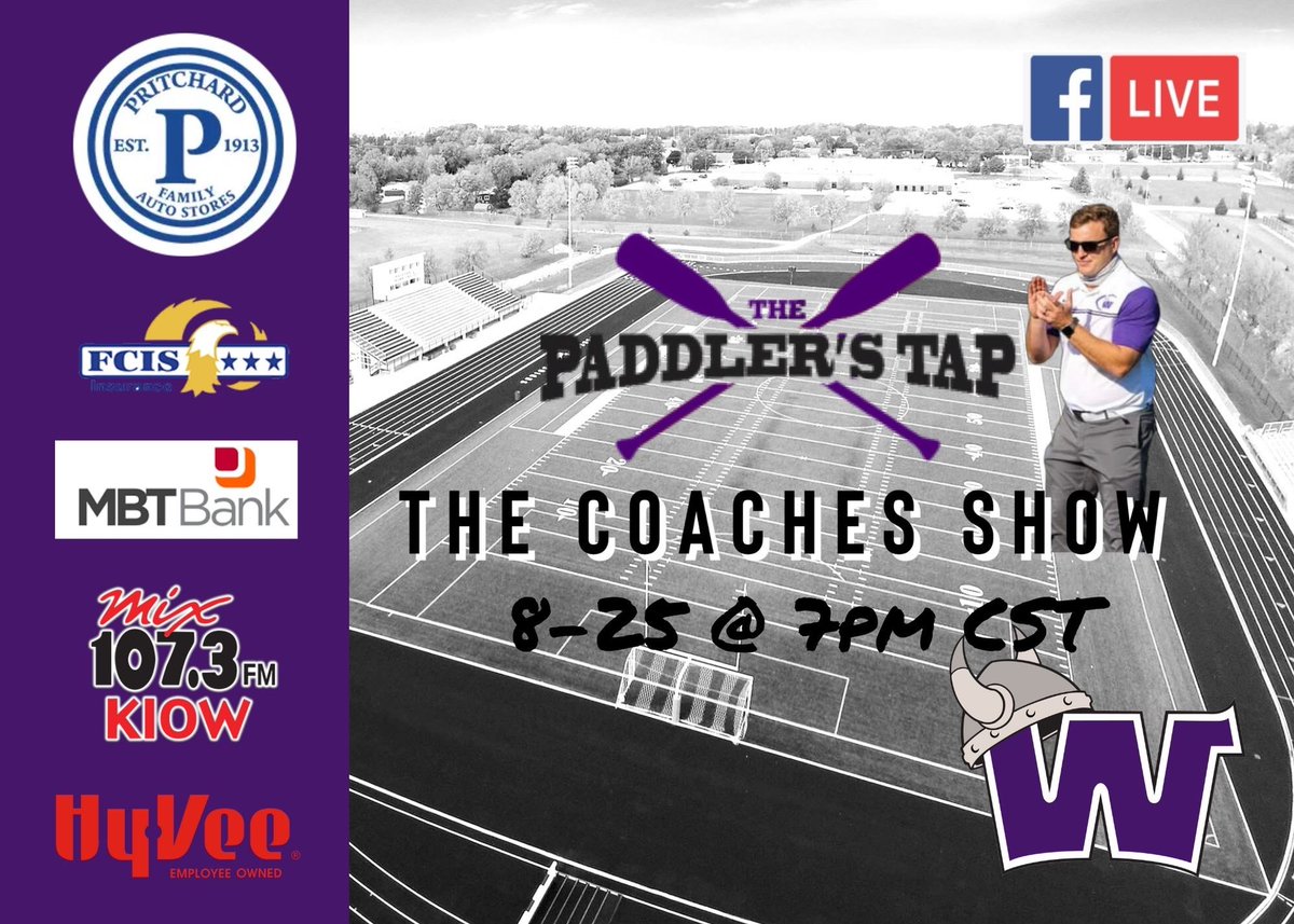 wu_football's tweet photo. 🚨🚨The Coaches Show is back! Everyone can tune in tomorrow at 7PM on Facebook live or on 107.3 FM KIOW. @CoachFinley_Wu is joined by senior captains @1Way_Dom and @JV__55 to talk about our season and what the future looks like for the Waldorf Football program. Don’t miss it! https://t.co/h1oyV6Kwcz