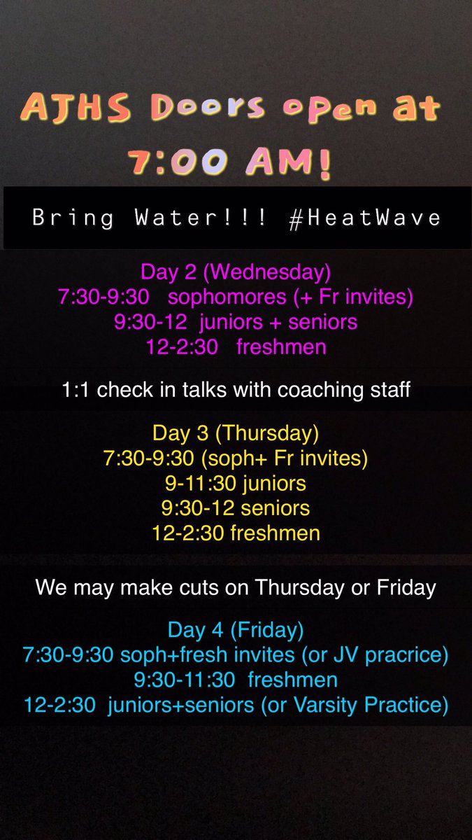AgawamVBa11's tweet photo. The rest of this week’s AJHS Tryout schedule is posted below!
Doors open at 7:00… be there! We start playing 🏐 when the session time starts (not puttin shoes on/stretchin) #TryoutTest #TickTock ⏰ #Hydrate #GwamGals https://t.co/jVwktzaUda