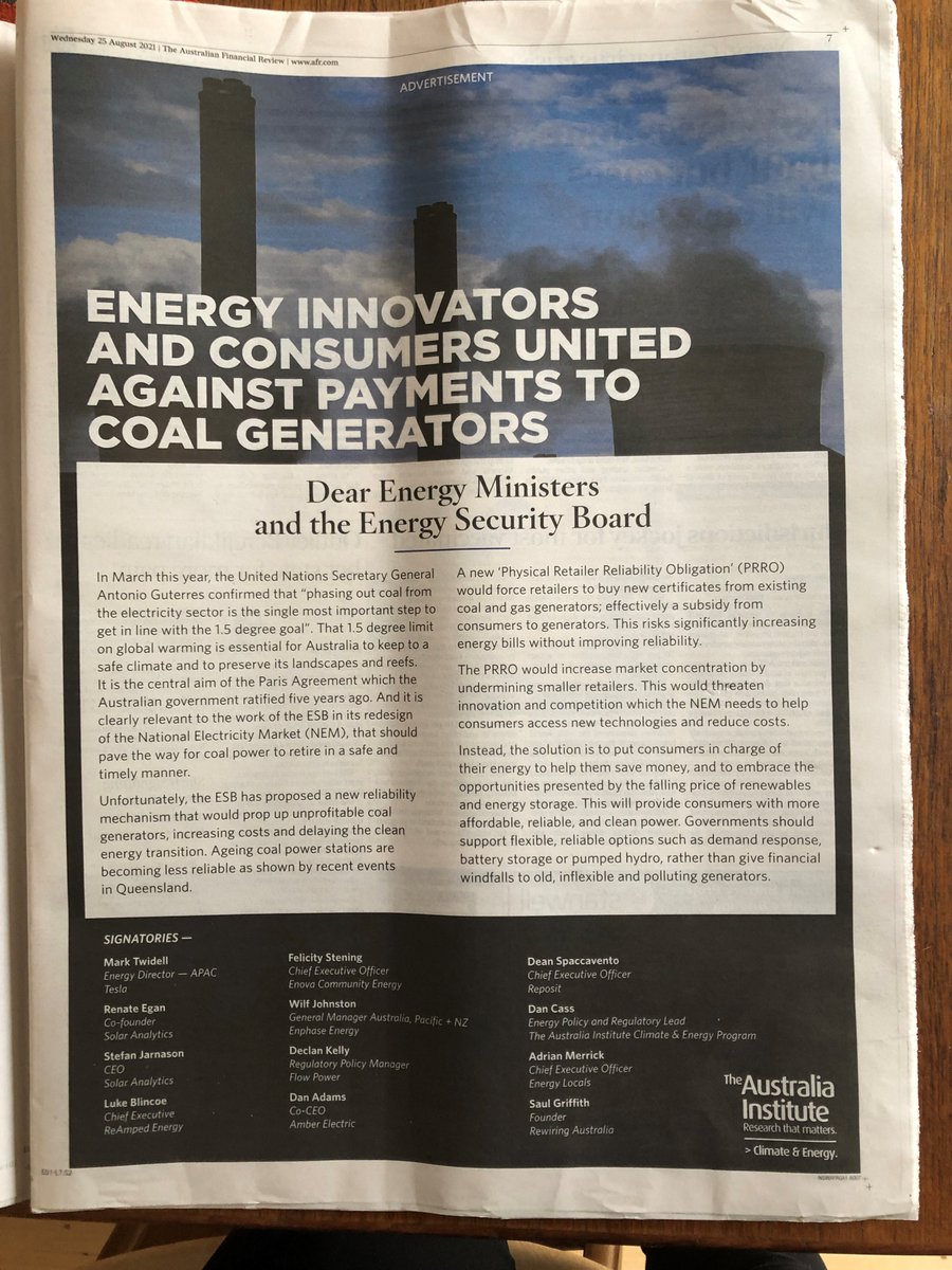 RichieMerzian's tweet photo. Australian Ministers are considering a new subsidy to prolong the life of local coal power stations. 

Full page in the AFR today from a dozen energy innovators warning Ministers of the pitfalls of a coal capacity subsidy and laying out better options 

Thread
#COP26 #auspol https://t.co/ybElx5SgDl