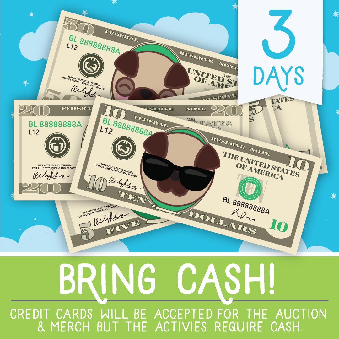 pugcamp's tweet photo. COUNTDOWN TO PUG CAMP - 3 DAYS!
Be sure to bring cash! While the auction is all done online and with credit cards, the events and some of the vendors will require cash!  💵⛺🐾 #pugcamp #pugcamp2021 https://t.co/pS3Izybr9w