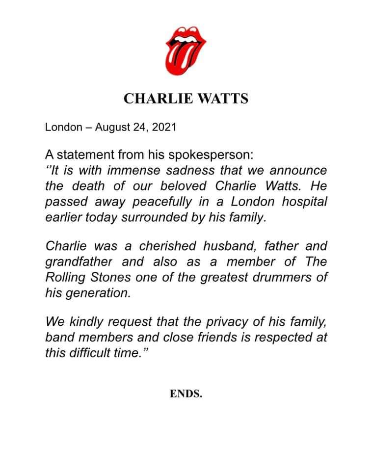 ForoMalinche's tweet photo. 📰 NOTICIA ⚠
⚠ D E  Ú L T I M A   H O R A‼️

Muere Charlie Watts baterista 🥁 de los The Rolling Stones  este Martes a los 80 años de edad en hospital de Londres.

#NoticiasForoMalinche #RollingStones #CharlieWatts #charliewattsforever https://t.co/9YQFnwy9jv