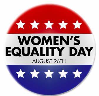 Red, white and blue stripes with stars saying Women's Equality Day on August 26
