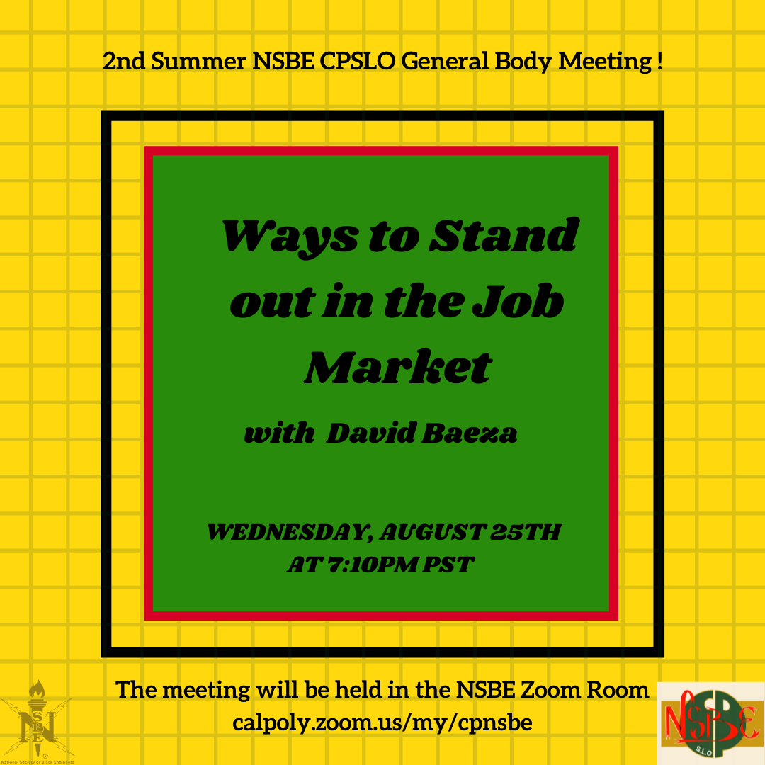 calpolyslonsbe's tweet photo. Join us tomorrow for our 2nd summer general body meeting with Cal Poly Alumni David Baeza, who graduated with a B.S. in Electrical Engineering and currently works at Airgain Inc.
Baeza with be providing some valuable insight on how to stand out in the job market! https://t.co/PvJWOtkHjL