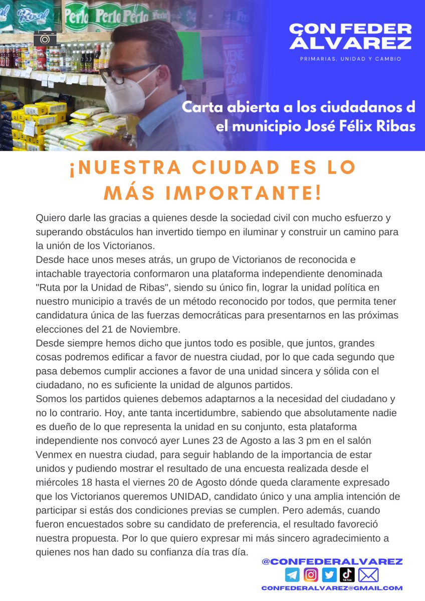 confederalvarez's tweet photo. Feliz tarde, dado todos los acontecimientos de las últimas horas @FederAlvarez  tiene el agrado de exponer está carta pública a todos los ciudadanos del municipio José Félix Ribas. 

#VamosTodosConFederAlvarez https://t.co/d1cjbrgrSI