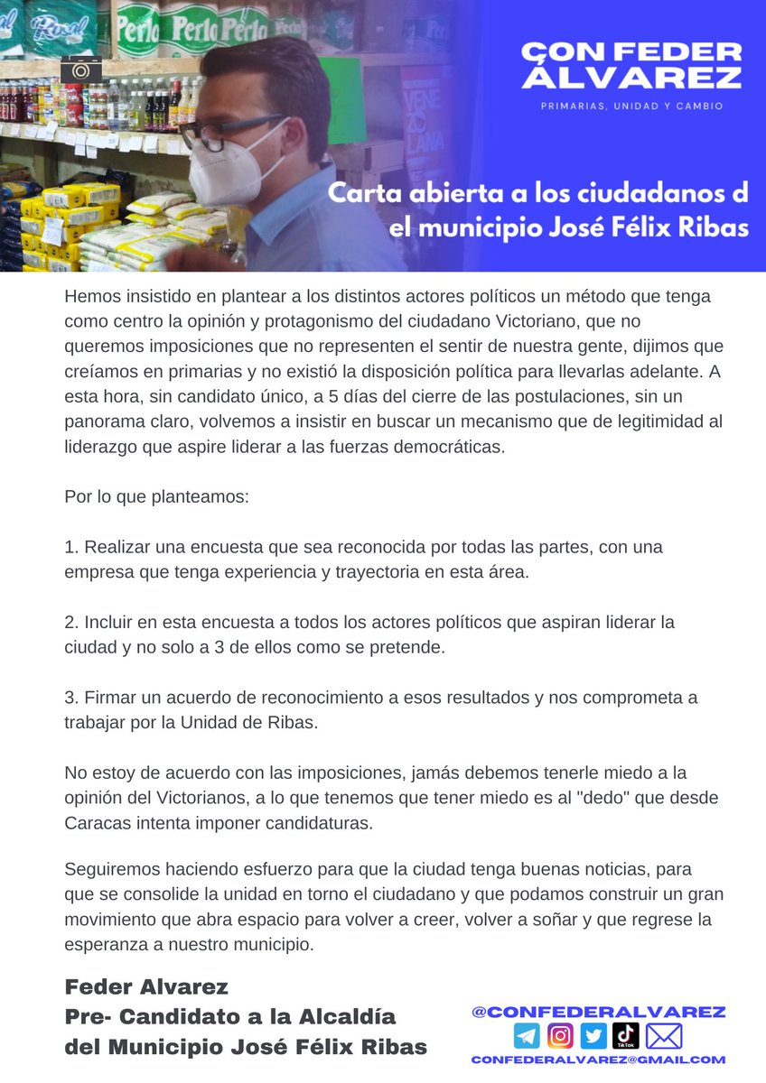 confederalvarez's tweet photo. Feliz tarde, dado todos los acontecimientos de las últimas horas @FederAlvarez  tiene el agrado de exponer está carta pública a todos los ciudadanos del municipio José Félix Ribas. 

#VamosTodosConFederAlvarez https://t.co/d1cjbrgrSI