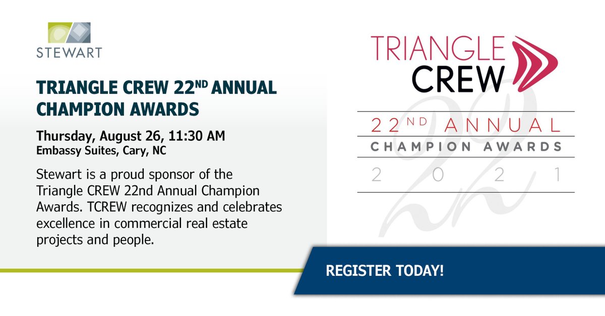 We're a proud sponsor of the <a href="/Triangle_CREW/">Triangle CREW</a> 22nd Annual Champion Awards. TCREW recognizes and celebrates excellence in commercial real estate projects and people. Join the networking session and luncheon on Thursday, August 26, 2021, at 11:30 AM. Register: trianglecrew.org/event/champion…