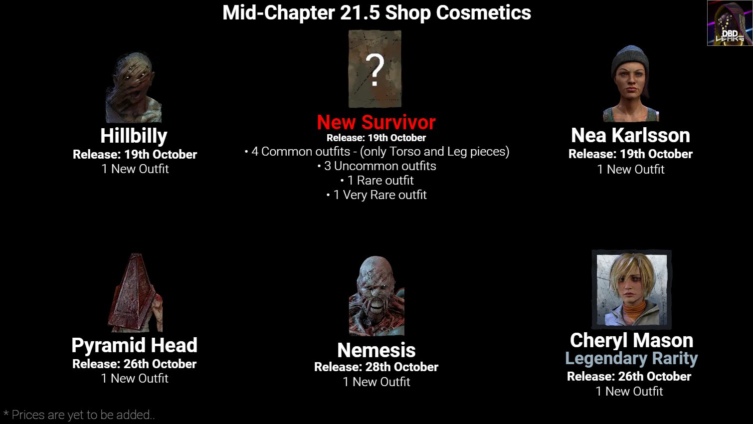 Dbdleaks Updated Info For 5 3 0 Shop Cosmetics Mid Chapter 21 5 Ptb Release 28th September Mid Chapter 21 5 Live Release 19th October Reminders Chapter 21 Releases On 7th September