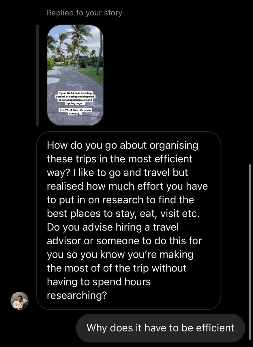ramit's tweet photo. I shared a trip I took

Reader: “How do I plan a trip in the most efficient way?”

Efficiency is nice but is only 1 lens to view the world through

What if you said “I’m going to create the most MEMORABLE trip”

Or luxurious? Or meaningful?

A Rich Life is more than efficiency https://t.co/NR9cawHulI